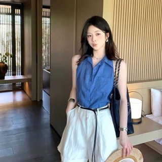 Pháp Retro Màu Xanh Áo Dây Áo Sơ Mi Nữ Mùa Hè Áo Khoác Ngoài Thiết Kế Hốc Áo Sơ Mi Cổ Top