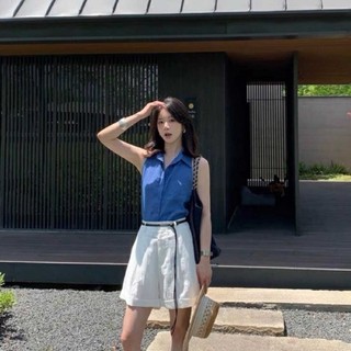 Pháp Retro Màu Xanh Áo Dây Áo Sơ Mi Nữ Mùa Hè Áo Khoác Ngoài Thiết Kế Hốc Áo Sơ Mi Cổ Top
