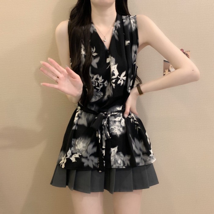 Lan ~ Áo Sơ Mi Cổ Chữ V Không Tay Cổ Chữ V Áo Sơ Mi Nữ Mặc Ngoài Mùa Hè Plus Kích Thước Béo mm Mỏng Hơn Nhìn Phối Ren-Waist Retro Mực Tranh Top