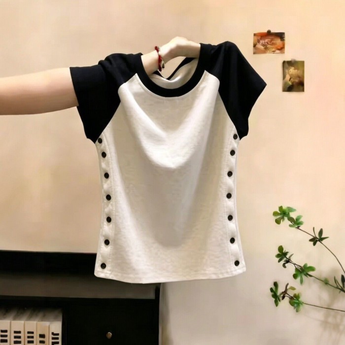 Lan ~ Phong Cách Hàn Quốc Màu Sắc Tương Phản Raglan Tay Áo Thun Nữ Mùa Hè Phong Cách Mới Slim-Fit Slim Hơn Nhìn Sang Trọng Phù Hợp Với Hàng Đầu