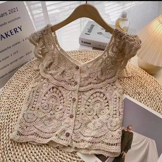 Áo không tay ngắn phong cách mùa hè mới có viền ruffle nhỏ thơm rỗng áo không tay ren móc dàn