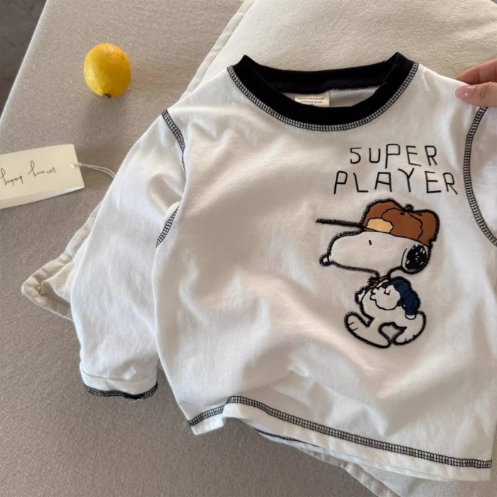 Áo thun cotton nguyên chất hoạt hình trẻ em dài tay xuân thu phong cách mới bé trai và bé gái