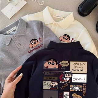 Áo thun polo trẻ em cho bé trai và bé gái Áo thun dài tay Crayon Shin-chan Áo có ve cổ thường ngày