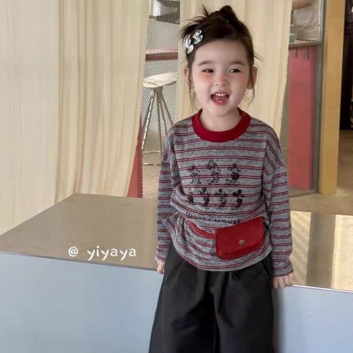 sản phẩm mới đầu thu bé gái Áo thun dài tay sọc in Mickey mùa xuân thu đa năng hợp thời trang áo