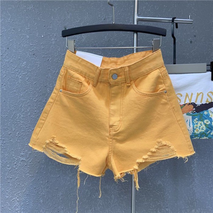 Mới kẹo tím retro cạp cao giảm béo quần ống rộng rách thô viền quần short denim