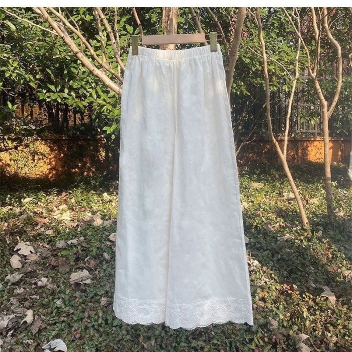 Quần cotton và lanh, quần âu nghệ thuật gia đình phong cách mới, quần ống rộng thêu ren, quần