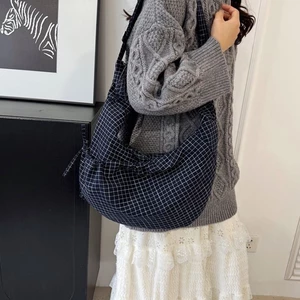 Túi vải canvas đi lại kẻ sọc xếp li sức chứa lớn mới lười biếng túi tote đeo chéo đa năng