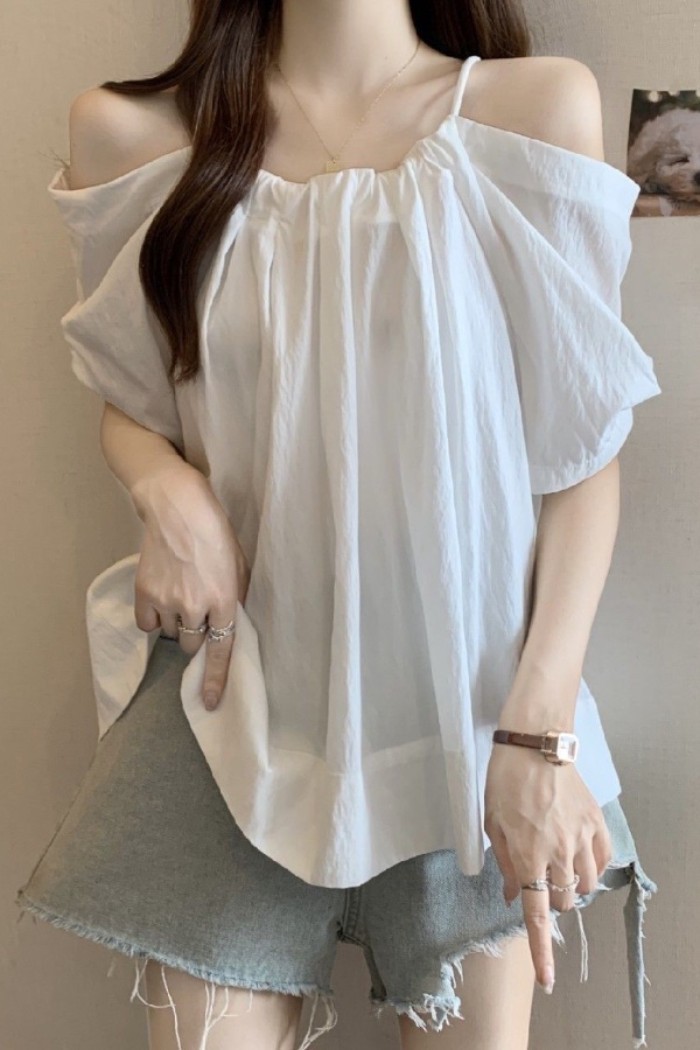 Lan ~ Kích Thước Lớn Dây Rút Sling Một Vai Áo Sơ Mi Nữ Mùa Hè Phong Cách Mới Béo mm Rời Mỏng Hơn Nhìn Thời Trang Tất Cả @