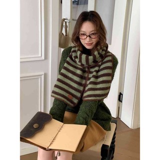 Have u desgin Len Đỏ Sọc Khăn Dệt Kim Mùa Đông Phiên Bản Hàn Quốc Cao Cấp Mềm Waxy Khăn Thời Trang Sinh Viên Bảo Vệ Cổ Trang Trí