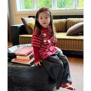 Quần áo trẻ em HelloKitty Áo thun bé gái dài tay giả hai mảnh cotton nguyên chất sọc đỏ