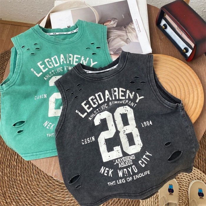 Mùa Hè Đẹp Trai Bé Trai Phong Cách Mới Đau Khổ Đen Nguyên Chất Cotton Không Tay Lỗ Áo Thun Rờ