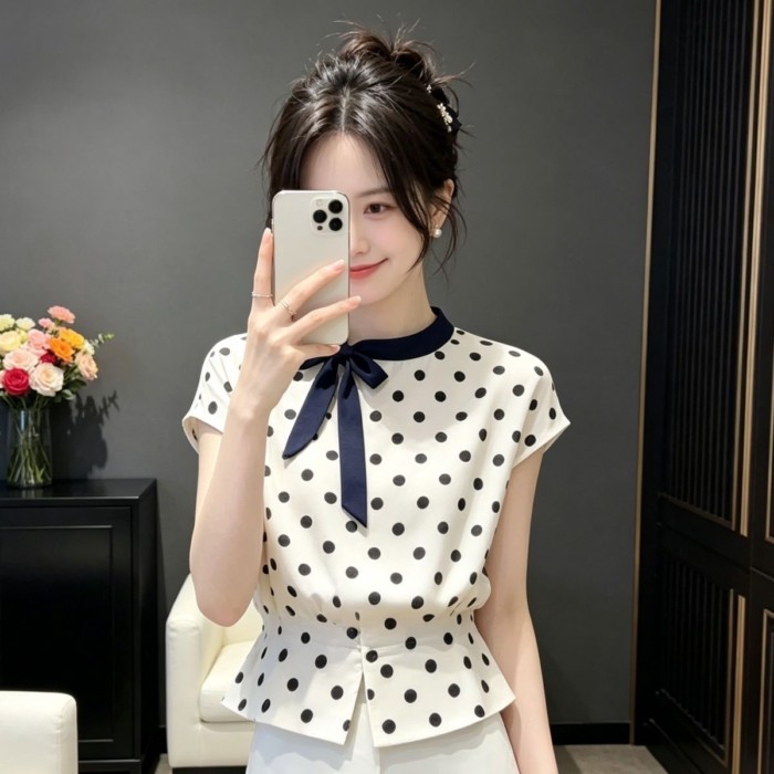 Áo sơ mi tay ngắn cổ tròn chấm bi nơ nữ phong cách Hàn Quốc, áo voan voan sang trọng và siêu