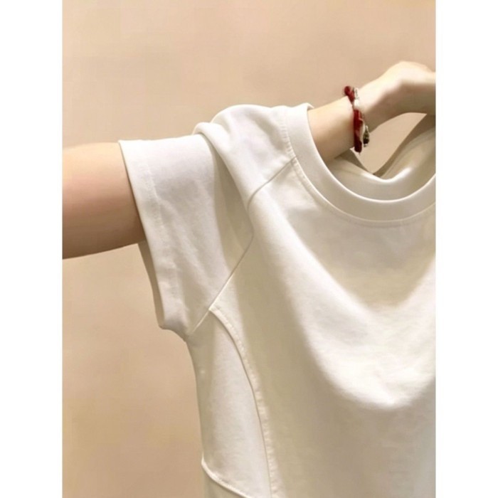 Lan ~ 95% Cotton Tinh Tế Phiên Bản Hàn Quốc Màu Trơn Xếp Ly Áo Thun Nữ Xuân Hè Phong Cách Mới Rời Ôm Hơn Nhìn Thời Trang Hàng Đầu Nữ