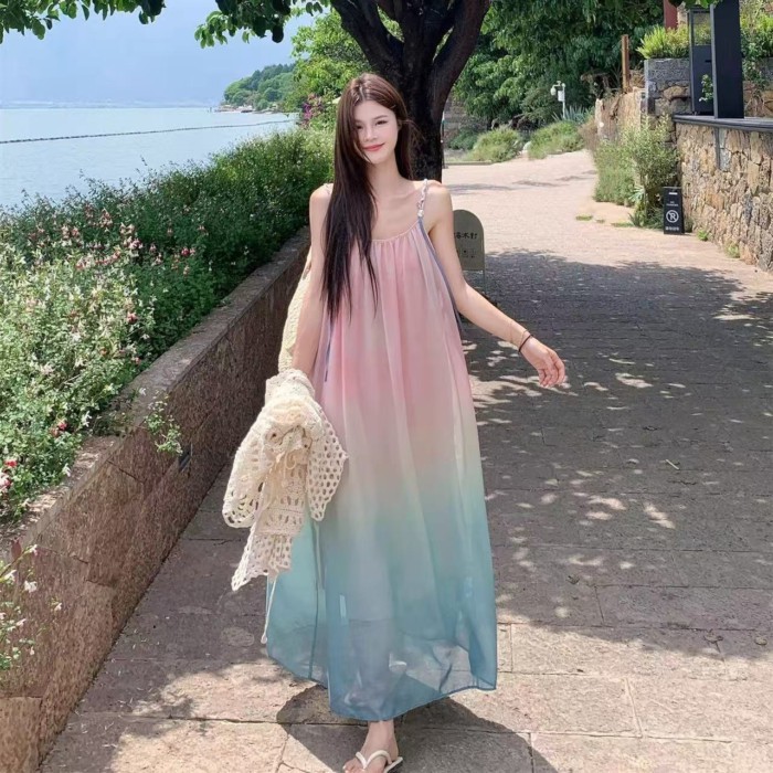 Sweet Holiday Style Gradient Dress For Women Summer New Seaside Loose And Age-reducing Design