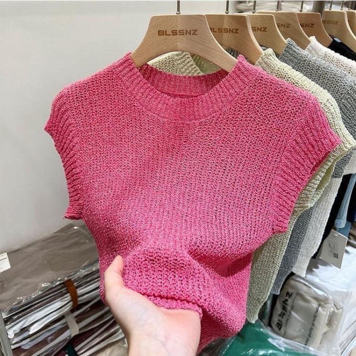 Áo len ngắn tay mùa hè mới, thiết kế cải tiến nữ tính, áo len men lỗ rỗng