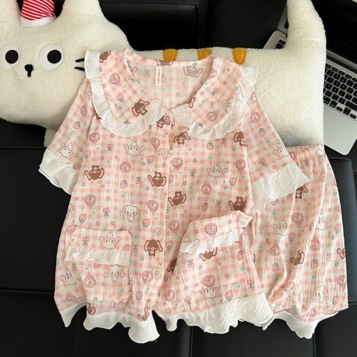 Cổ Búp Bê Ren Món Tráng Miệng Bộ Đồ Ngủ Thỏ Cho Nữ Học Sinh Mùa Hè Hoạt Hình Dễ Thương Tay Ng