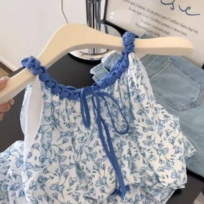 Mùa hè mới phong cách mục vụ hoa tươi ngọt ngào giảm tuổi tác Áo sơ mi không tay màu xanh giả