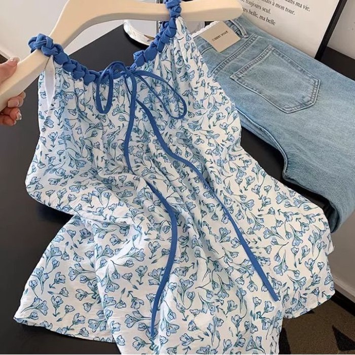 Mùa hè mới phong cách mục vụ hoa tươi ngọt ngào giảm tuổi tác Áo sơ mi không tay màu xanh giả
