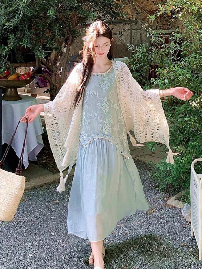 Mùa Hè mỏng tua rua rỗng dệt kim ren nữ khăn choàng mỏng cardigan bên bờ biển bãi biển váy kỳ