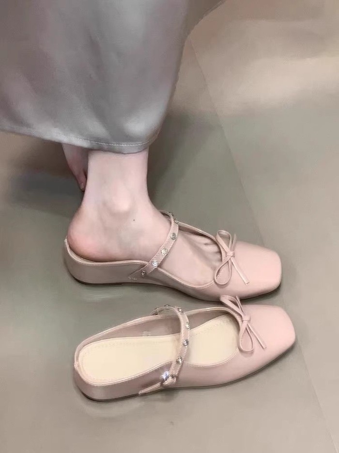 Dép cao nửa mũi nơ màu hồng bên trong dành cho nữ mang bên ngoài Dép sandal miệng nông Mary J