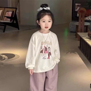 bé gái in hoạt hình áo thun cổ tròn cotton bé gái xuân thu mới phong cách Hàn Quốc áo thun dài t