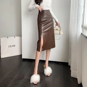Váy da màu cà phê dài vừa phải váy chuyên nghiệp dành cho phụ nữ nhỏ mùa thu váy xẻ lưng cao váy dà