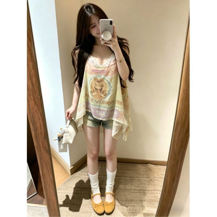 Mùa Xuân Mới Niche Gợi Cảm Ngọt Ngào Cay Hai Áo Voan Độn Trễ Vai Giảm Béo Rời Kỳ Nghỉ Suspend