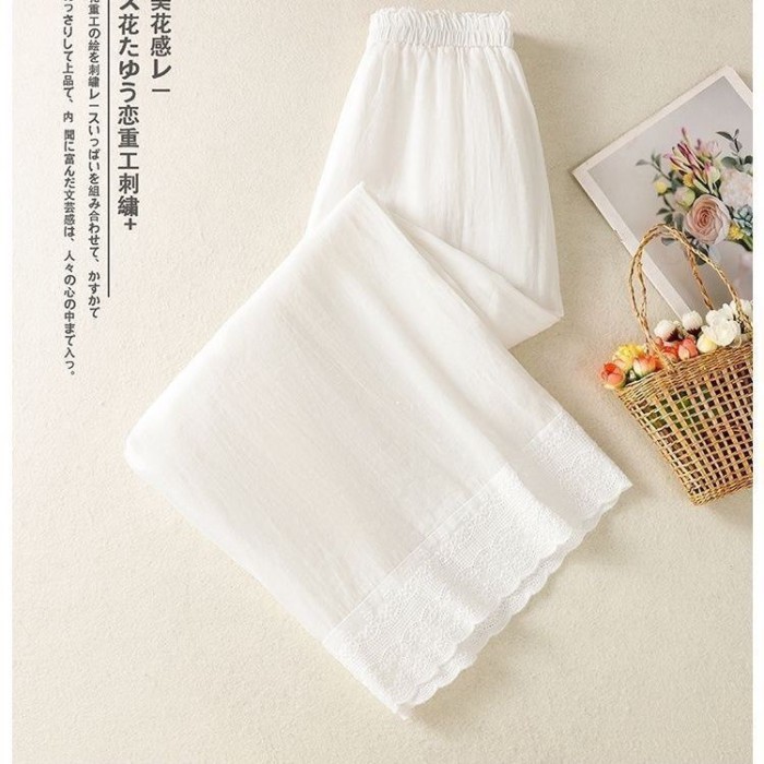 Quần cotton và lanh, quần âu nghệ thuật gia đình phong cách mới, quần ống rộng thêu ren, quần