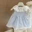 Bé Gái Mùa Hè Màu Xanh Phối Ren Cổ Búp Bê Bé Cotton Phong Cách Đầm Công Chúa Không Tay Bể