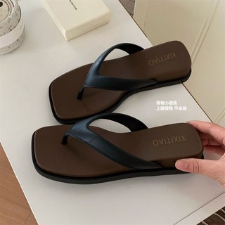 Dép xỏ ngón đế dày mỏng dành cho áo khoác ngoài mùa hè của nữ, phối màu retro cao cấp, dép xỏ