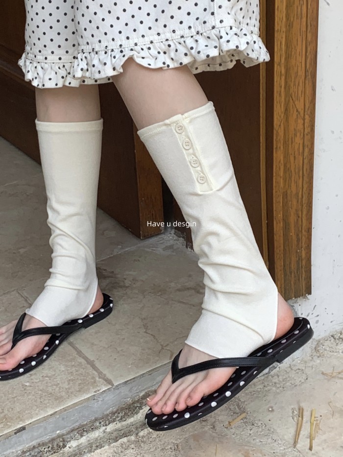 Có bạn desgin
 Màu Xám Mùa Hè Mỏng Phong Cách Bên Nút Cọc Tất Nữ miu Series Chân Bước Giữa Ống Tất Nút Chia Nửa Giấy Tất