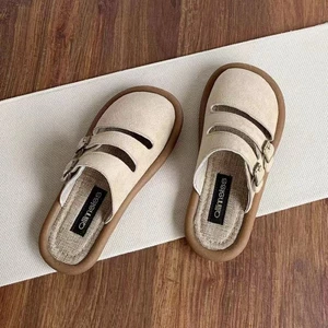 Birkenstock Giày Mùa Hè Trơn Mũi-Mũ Nửa Dép Nữ Vải Lanh Retro Giày Lười Đế Mềm Con La Giày Mặ