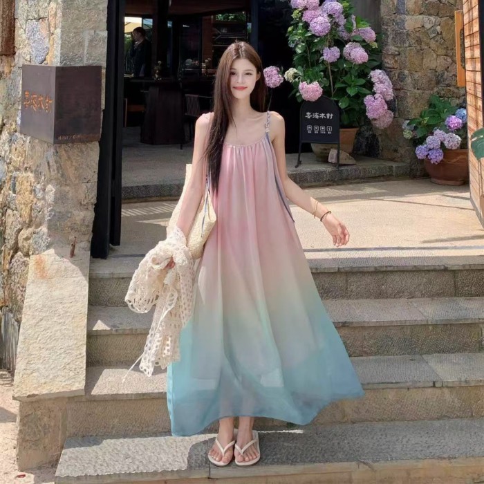 Sweet Holiday Style Gradient Dress For Women Summer New Seaside Loose And Age-reducing Design