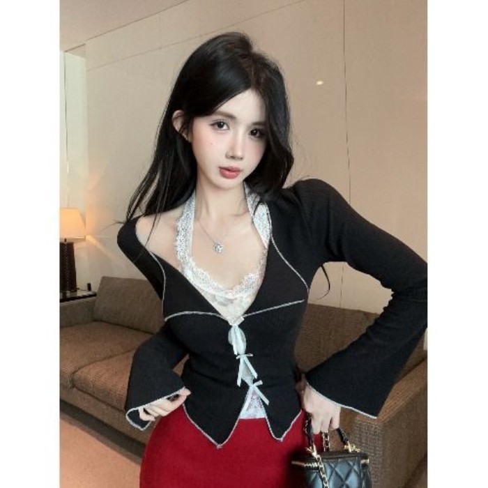 Áo dây cổ ren thắt nơ cho nữ áo cardigan ngắn hai mảnh giả bên trong màu đỏ