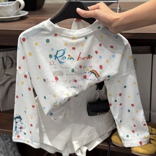 Áo thun dài tay cho bé gái in họa tiết chấm bi kiểu Hàn Quốc dáng rộng chống nắng thông thường Áo đ