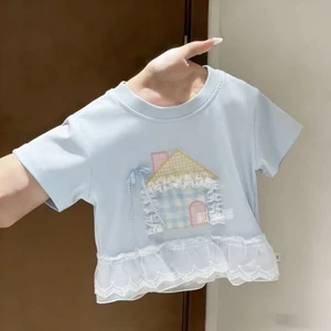 Bé Gái Dễ Thương Áo Thun Ren Nguyên Chất Cotton Ngắn Tay Trẻ Em Thời Trang Hoạt Hình Ngọt Ngà