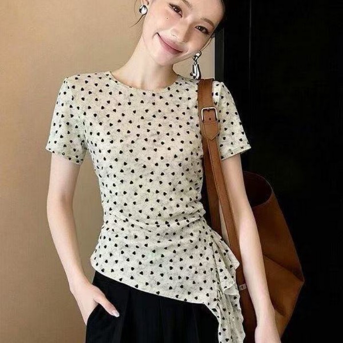 Áo thun lưới ngắn tay in hình tình yêu bất thường dành cho nữ mùa hè thời trang mới dáng ôm v