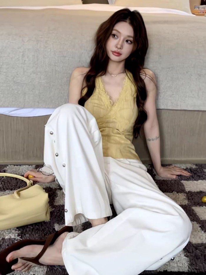 Tencel hot girl tinh khiết ham muốn phong cách ren nối dây kéo Cổ Chữ V yếm nữ mùa hè mới dán