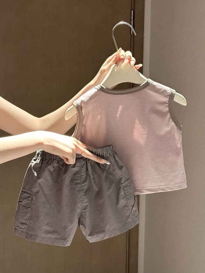 Bộ đồ bé trai bé gái phong cách Hàn Quốc, bé trai thoải mái set áo thun vest mỏng 1 quần short c