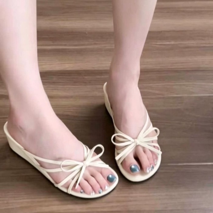 Dép xỏ ngón đế nêm thắt nơ phong cách cổ tích dành cho nữ mặc ngoài mùa hè Dép xăng đan hở mũ