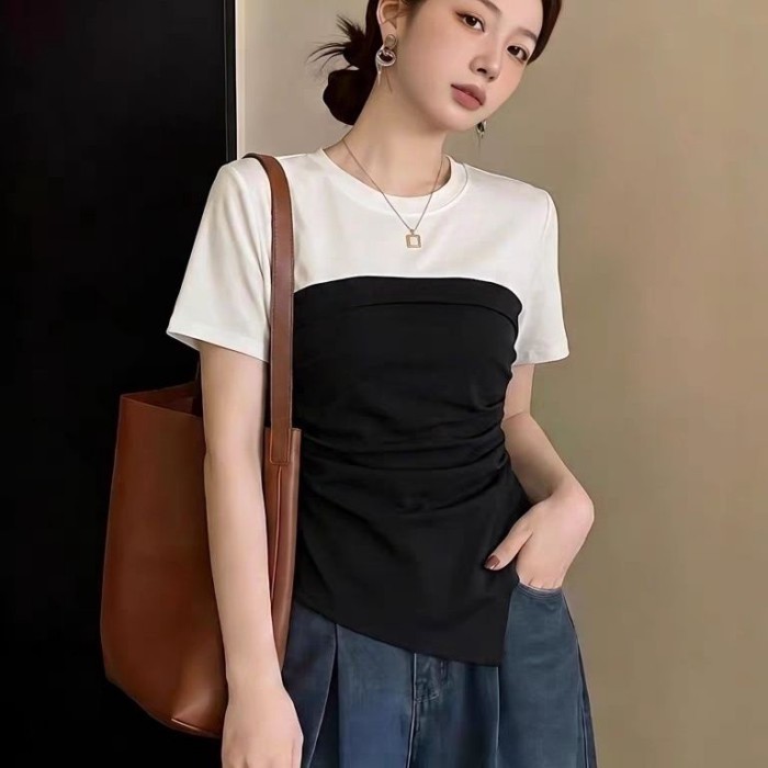 Áo thun ngắn tay hai mảnh giả vai trước tương phản màu sắc tương phản dành cho nữ mùa hè Áo sơ mi n