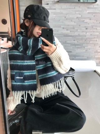 Have u desgin Phong Cách Hàn Quốc Sọc Viền Khăn Cho Nữ Mùa Đông Ấm Áp Khăn Choàng Phù Hợp Với Yếm