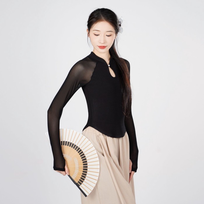 Khiêu vũ mặc áo nữ hiện đại của quần áo luyện tập khiêu vũ màu đen cổ đứng dài tay khiêu vũ cổ điển