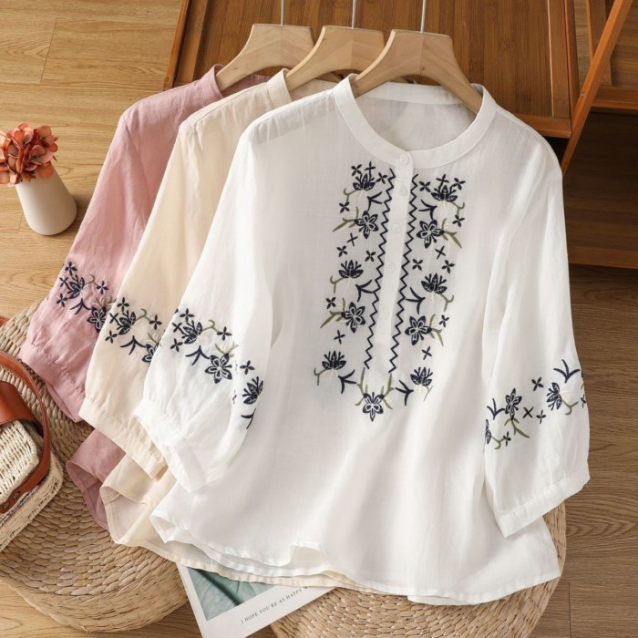 Văn Học Tay Phồng Thêu Áo Sơ Mi Cotton Và Vải Lanh Nữ Mùa Hè Dáng Rộng Giày Lười Cổ Đứng Giữa Tay Á