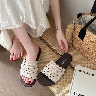 Ngựa Vằn Chấm Bi Retro Phong Cách Hồng Kông Xăng Đan Xếp Ly Cho Nữ Mùa Hè Mặc Ngoài Flat Đế M