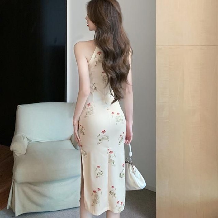 chất nữ tính mùa hè mới, váy sườn xám dài vừa vặn in họa tiết cổ điển trưởng thành và bó sát