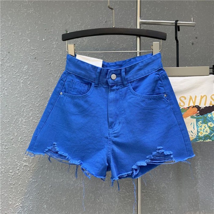 Mới kẹo tím retro cạp cao giảm béo quần ống rộng rách thô viền quần short denim