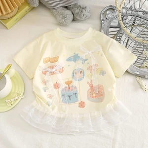Áo thun ngắn tay phong cách mùa hè mới dễ thương in kỹ thuật số khâu nơ cho bé gái