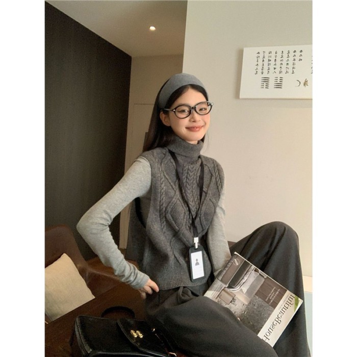 Áo vest dệt kim cổ cao màu xám đậm dành cho nữ, áo len vest phía trước và sau xếp lớp với áo khoác