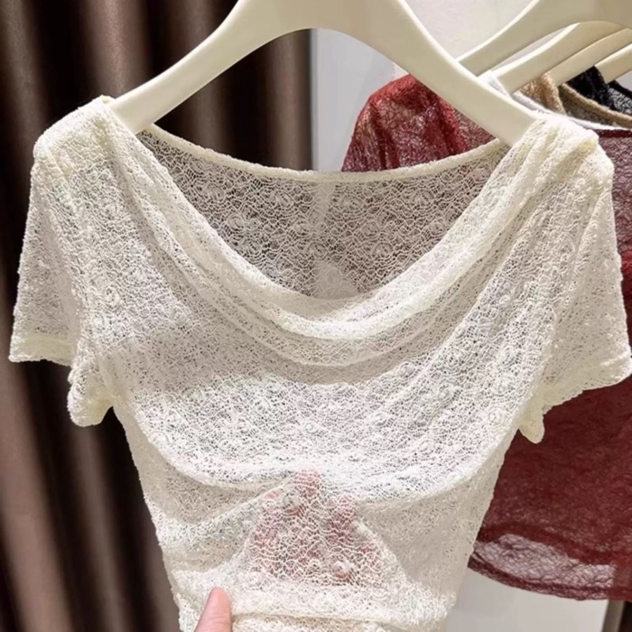 chiếc áo sơ mi ngắn tay ren rỗng xuyên thấu Áo thun lệch vai mùa hè dành cho nữ cổ áo một đường